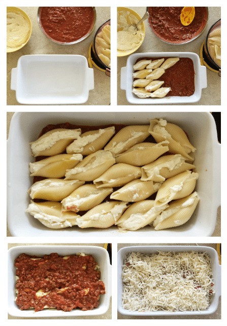 photo collage showing how to make italian stuffed shells