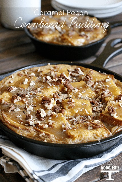 leftover cornbread pudding in a cast iron skillet 