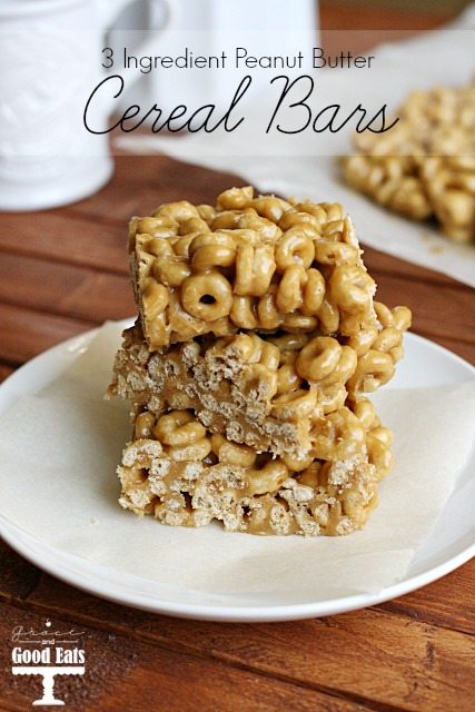 peanut butter cheerio bars stacked on a plate