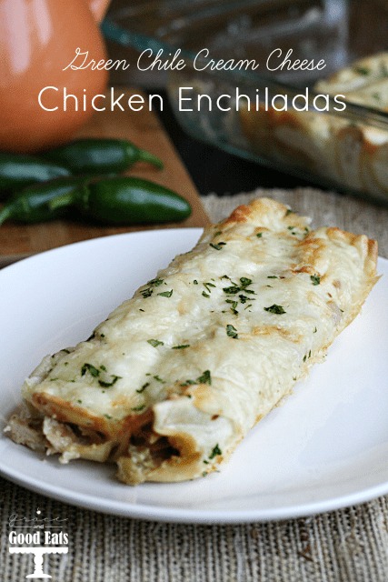 two cream cheese chicken enchiladas on a white plate