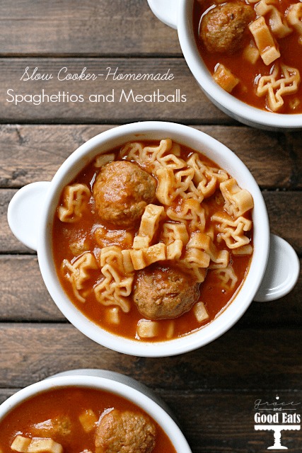 overhead view of three white ramekins filled with homemade spaghettios with meatballs