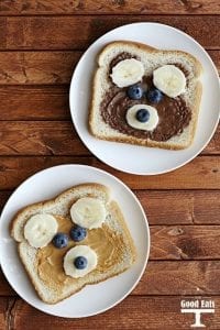 teddy bear toast made with peanut butter and hazelnut spread, bananas, and blueberries