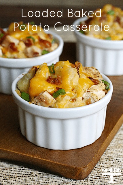 loaded baked potato casserole in a white ramekin dish