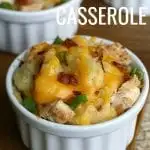 Loaded Baked Potato Casserole is a delicious weeknight meal that can be made as one big casserole or in individual serving dishes. Load this dish up with chicken, cheese, green onions, bacon, and all your favorite baked potato fixings.