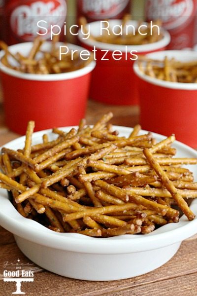 spicy pretzels in a white dish