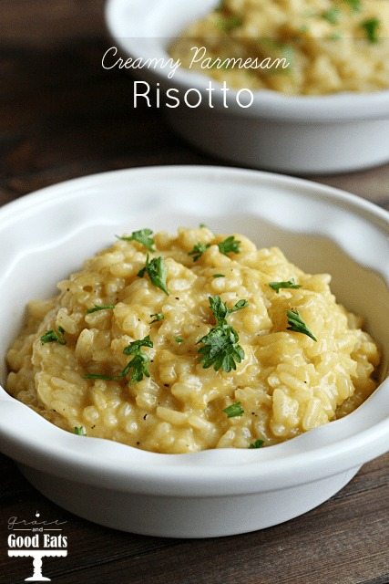 bowl of parmesan risotto topped with fresh parsley