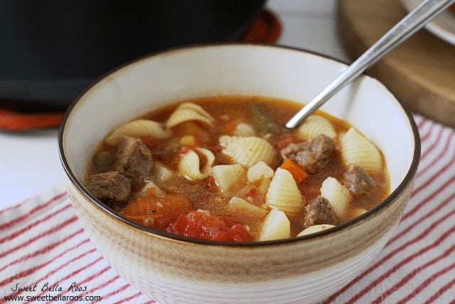 a portion of hearty vegetable soup
in a bowl. 