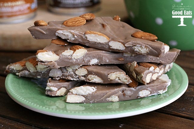 chocolate almond candy stacked on top of eachother