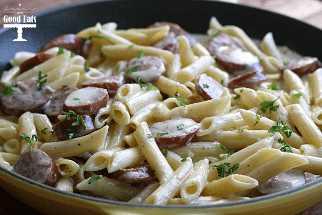 easy smoked sausage pasta in a cast iron skillet