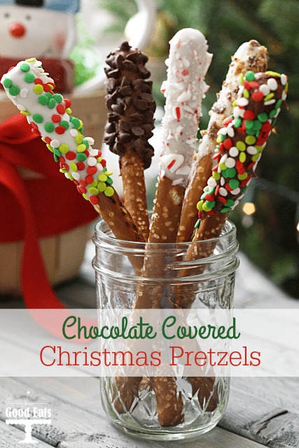 Five Christmas pretzels in a glass jar. 