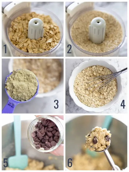 collage showing oats in a food processor, a scoop of protein powder, oats in a bowl, adding chocolate chips to a mixing bowl, and a scoop of cookie dough
