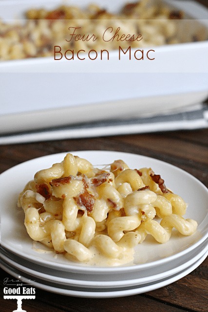 serving of baked mac and cheese with bacon on a white plate