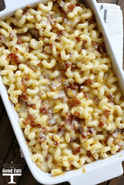 overhead view of bacon mac and cheese in a white casserole dish