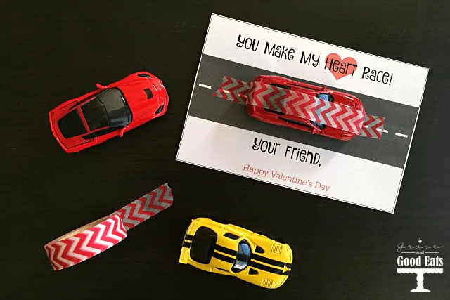 Race Car Valentine's Day Cards- free printable. Use washi tape and matchbox cars from the dollar store to finish these off. So cute!