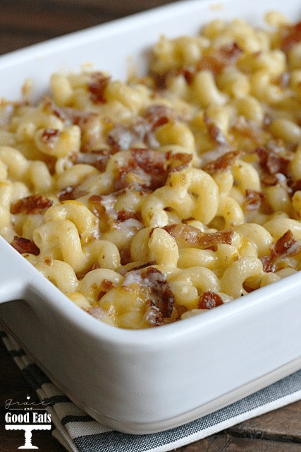 bacon mac and cheese in a white casserole dish