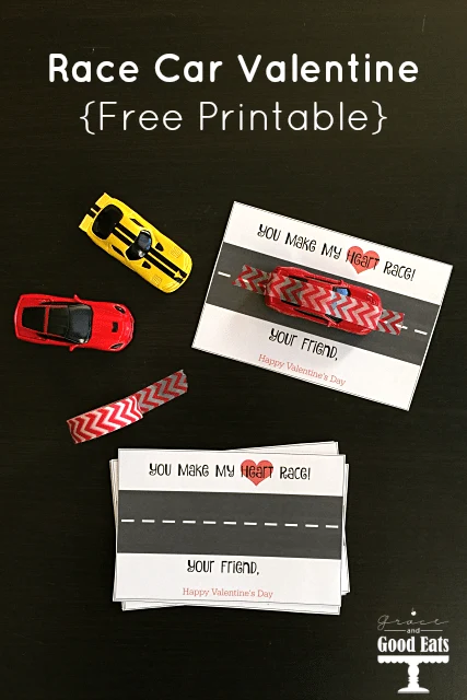 Race Car Valentine's Day Cards- free printable. Use washi tape and matchbox cars from the dollar store to finish these off. So cute!