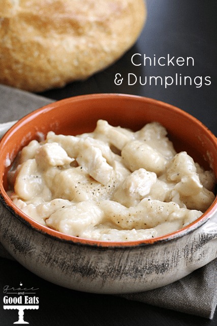 chicken and dumplings with biscuits in a small dish. 