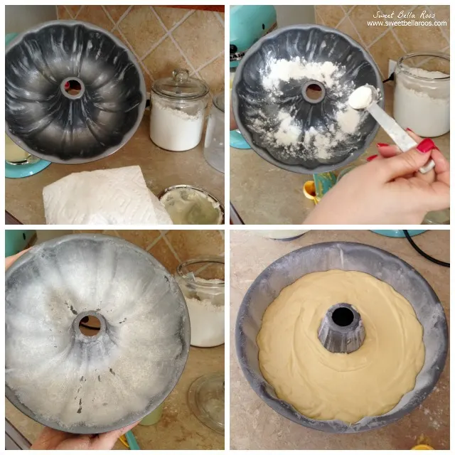 collage showing how to grease and flour a bundt pan