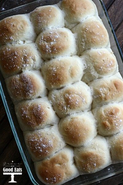 overhead view of easy yeast rolls 
in a baking dish. 