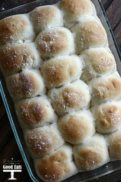 overhead view of easy yeast rolls 
in a baking dish. 