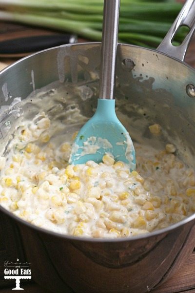 saucepan of creamed corn with cream cheese