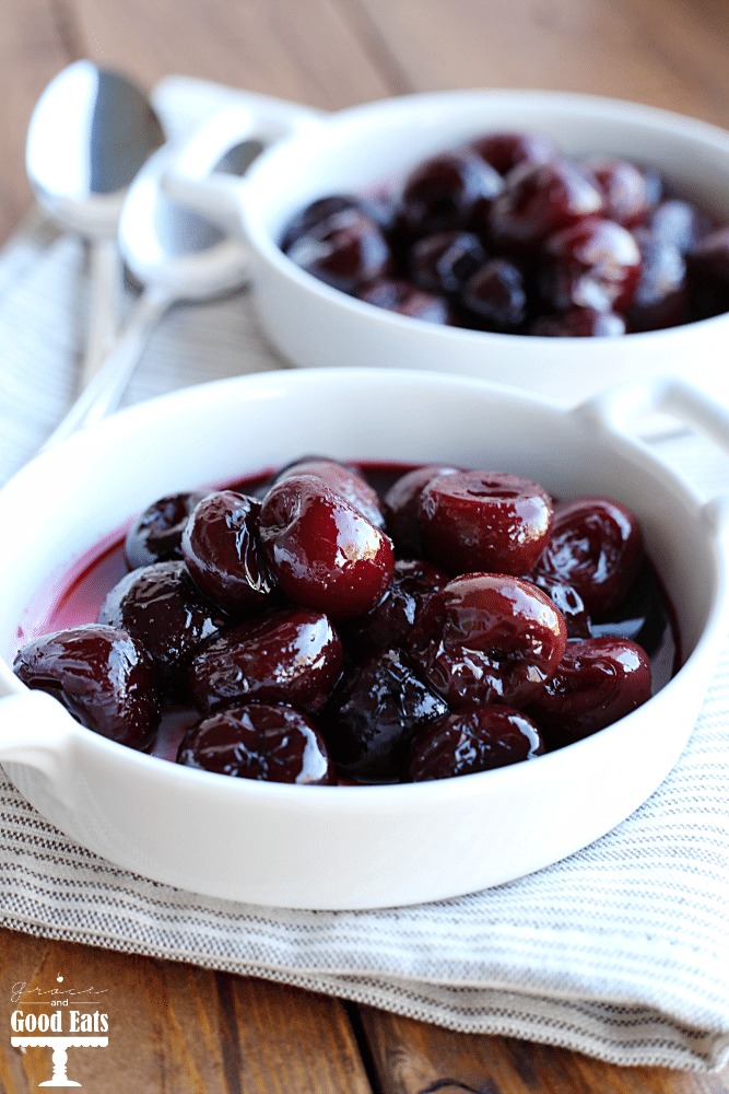 bourbon cherries in two white dishes 