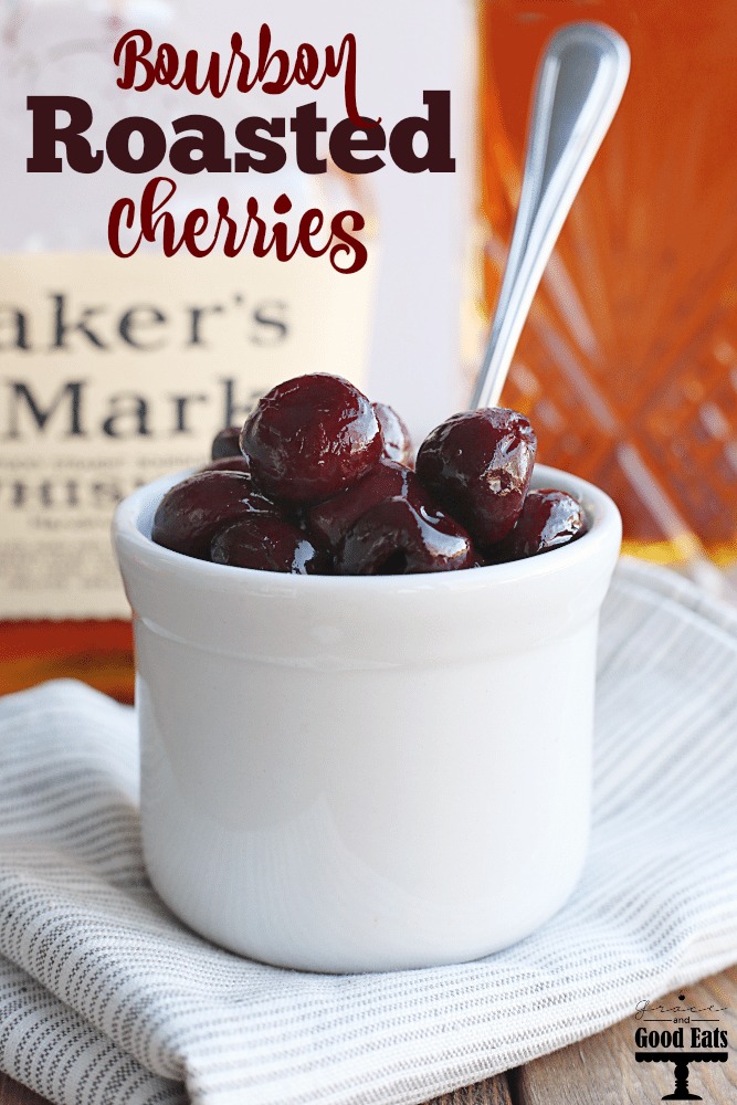 roasted bourbon cherries in a white dish