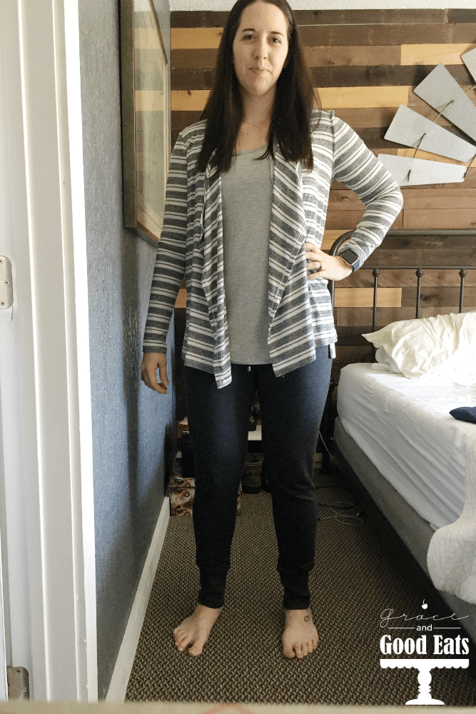 Sitch Fix Review: This month I requested loungewear. Stitchfix sent me the Campbelle Ribbed Knit Top, Danay Striped Open Drape Cardigan, Madrella Knit Pocket Tank, Colibri Solid Tab Sleeve Blouse, and Camilla Fleece Lined Drawstring Jogger Pants.