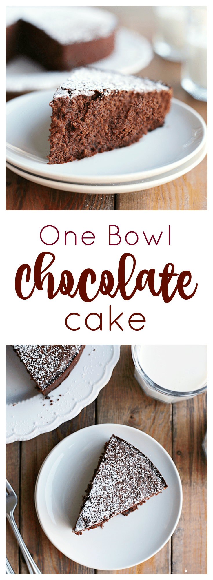 This one bowl chocolate cake is perfect when you have unexpected company or are craving something sweet. Dust the chocolate cake with powdered sugar for an easy presentation.