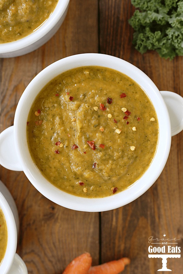 Overhead view of tuscan bean soup in a white ramekin. 