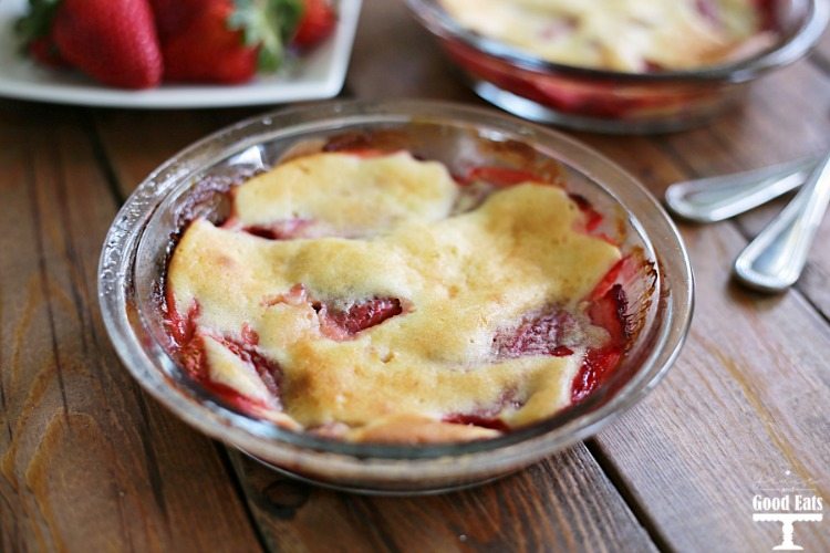 strawberry baked custard in a shallow baking dish