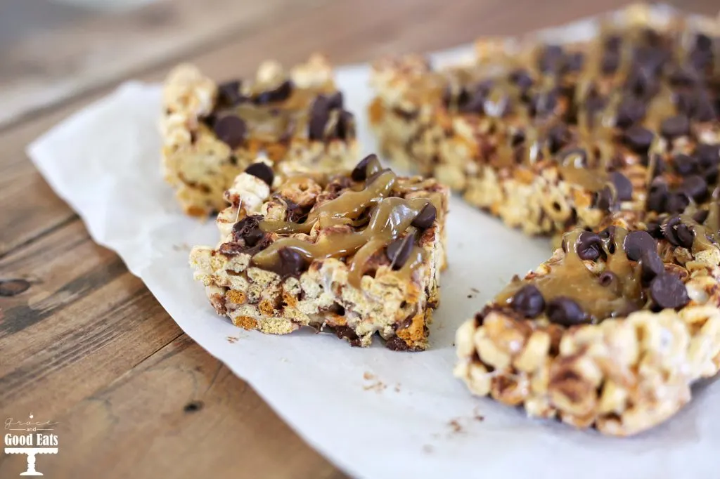 chocolate caramel cheerio bars cut into squares