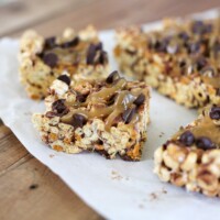 chocolate caramel cheerio bars cut into squares