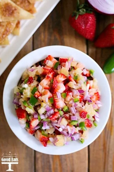 fruit salsa with strawberries, red onion, jalapeno, and pineapple