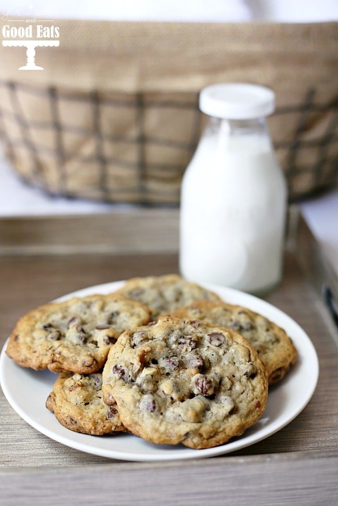 These chocolate chip cookies are akin to the famous chocolate chip cookies that some hotels greet you with upon arrival or serve during turn down service. These cookies are HUGE and loaded with chocolate chips and pecans.