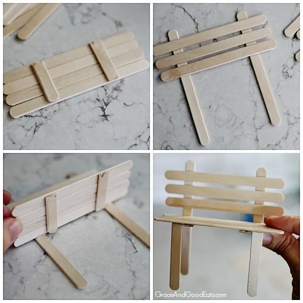 fairy garden bench made of popsicle sticks