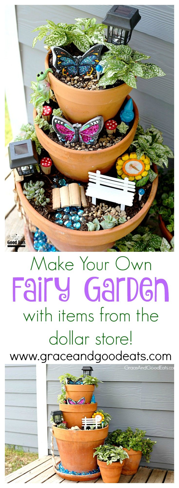 An easy tutorial on how to make your own DIY Fairy Garden. I made this fairy garden with my kids after we found tons of cute, inexpensive supplies at our neighborhood dollar store.