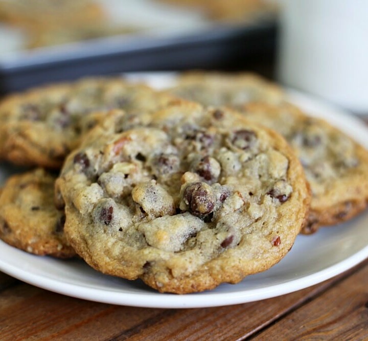 These chocolate chip cookies are akin to the famous chocolate chip cookies that some hotels greet you with upon arrival or serve during turn down service. These cookies are HUGE and loaded with chocolate chips and pecans.