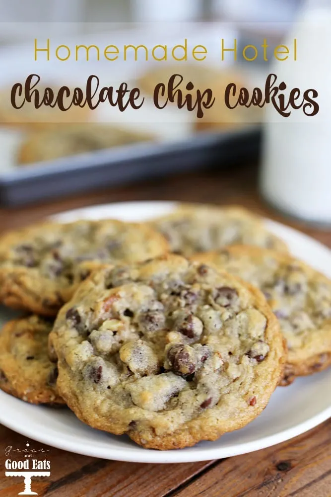 These chocolate chip cookies are akin to the famous chocolate chip cookies that some hotels greet you with upon arrival or serve during turn down service. These copycat hotel chocolate chip cookies are HUGE and loaded with chocolate chips and pecans.