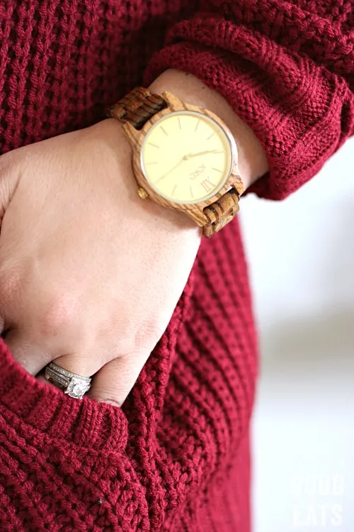 beautiful JORD wood watch on a woman's wrist when her hand partially in a pocket