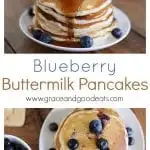 These Blueberry Buttermilk Pancakes are perfect for Sunday morning! Homemade pancakes that are sweet, fluffy, and bursting with blueberries. (Don't worry if you don't have any buttermilk, this recipes uses the "buttermilk substitute" of milk and lemon.)