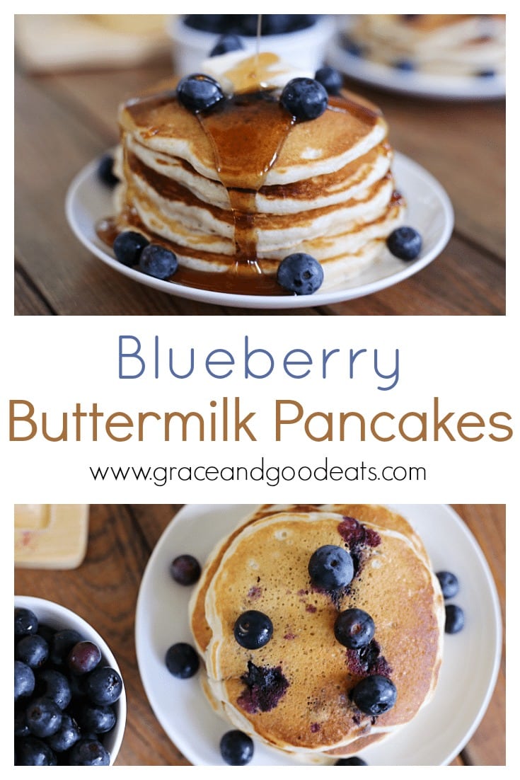These Blueberry Buttermilk Pancakes are perfect for Sunday morning! Homemade pancakes that are sweet, fluffy, and bursting with blueberries. (Don't worry if you don't have any buttermilk, this recipes uses the