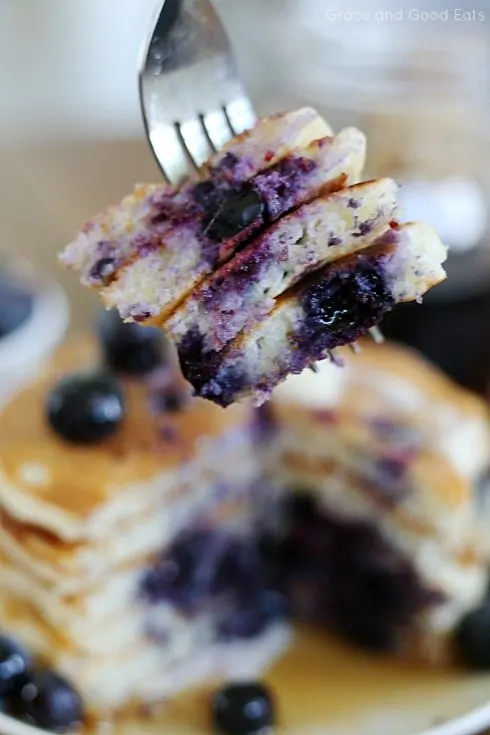 pieces of blueberry pancakes on a fork