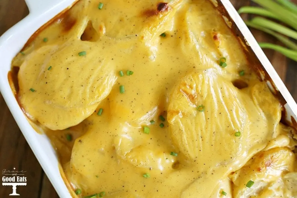 baking dish of cheesy scalloped potatoes