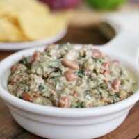 This Sausage and Bean Spinach Dip is a hearty appetizer full of spicy pork sausage and pinto beans. Serve warm for a delicious creamy dip with corn chips, pretzel rods, or bell pepper strips.