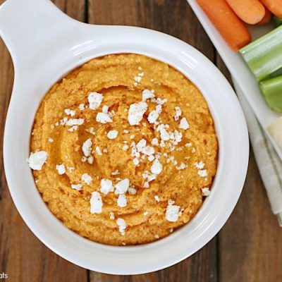 This Roasted Red Pepper Hummus with Feta is spicy and tangy in the best way. Serve with raw veggies or pita bread. Makes for a healthy and yummy snack! - My daughter loves this hummus in her lunchbox.