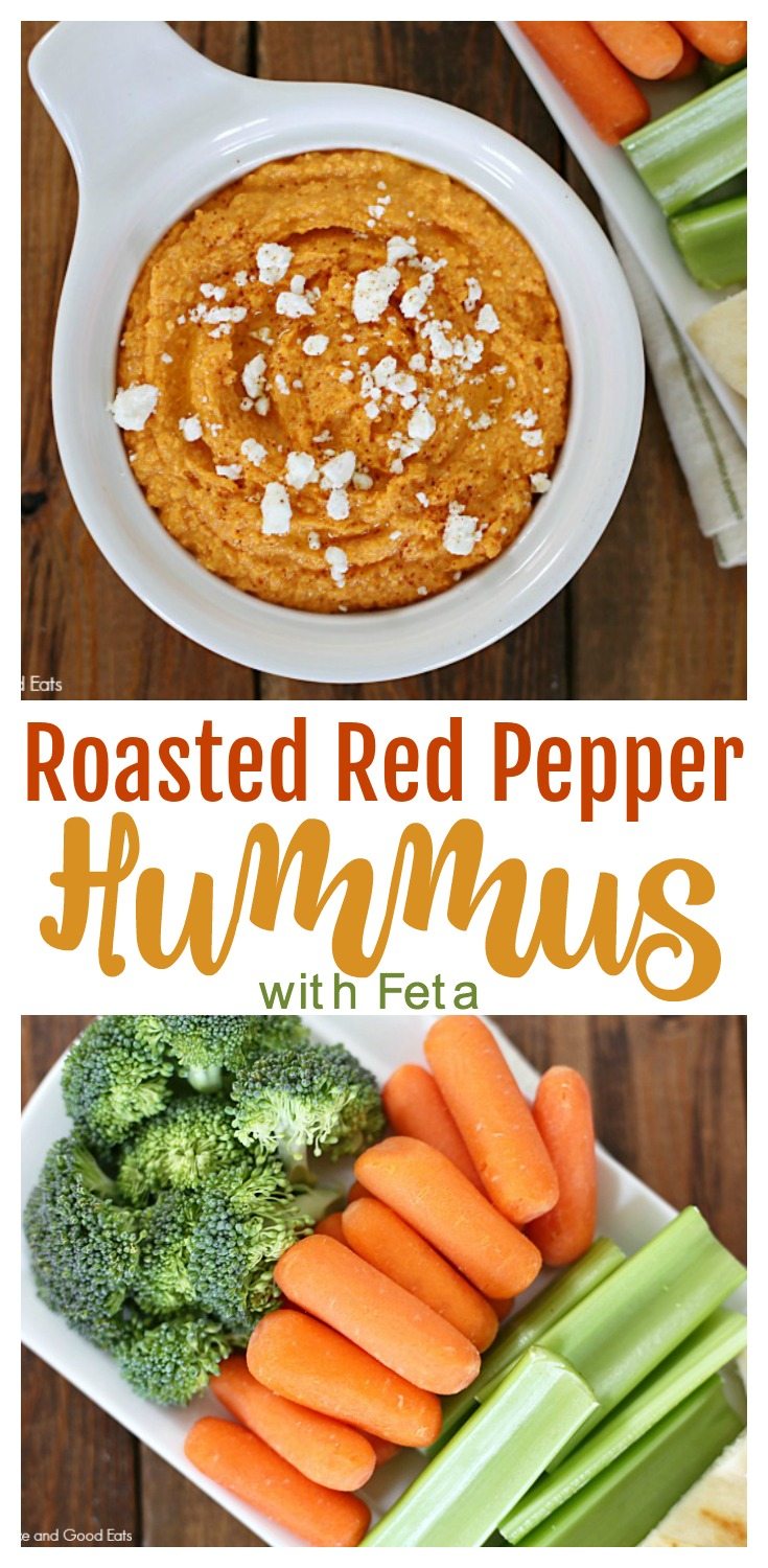 This Roasted Red Pepper Hummus with Feta is spicy and tangy in the best way. Serve with raw veggies or pita bread. Makes for a healthy and yummy snack! - My daughter loves this hummus in her lunchbox.