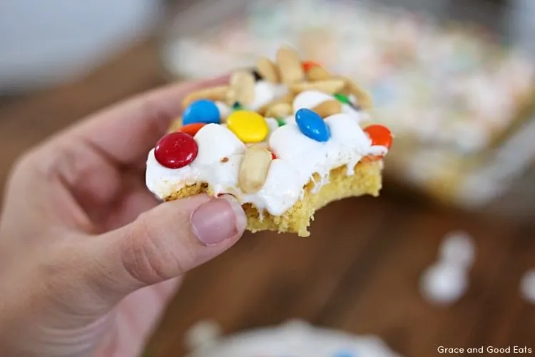 cake mix candy bar with a bite removed