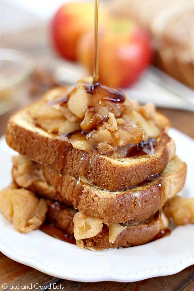 french toast with apples and a drizzle of maple syrup