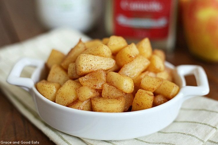 cinnamon apples in a white dish